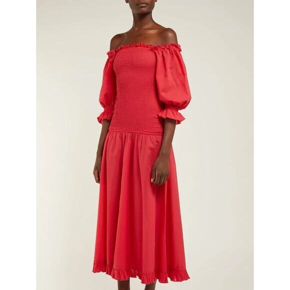 NWT Rhode Resort Eva Smocked Off-The-Shoulder Cotton Maxi Dress Red - Picture 1 of 15